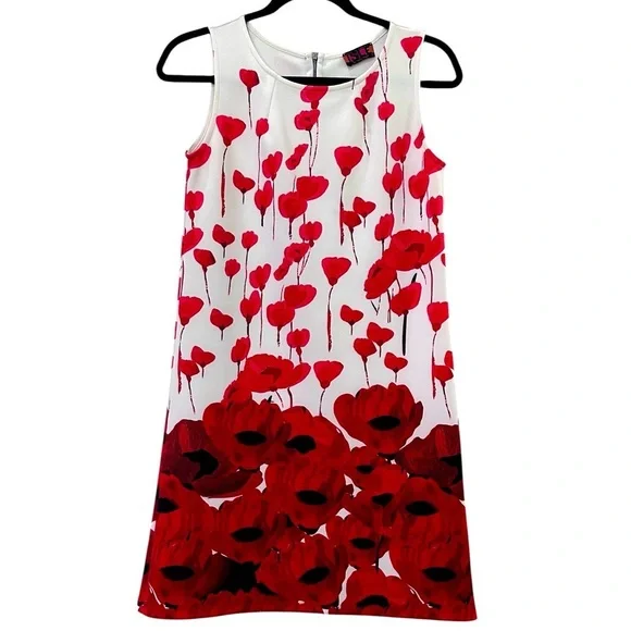 Isle by Melis Kozan Women’s Large Shift White Dress Scuba Red Poppy Art Size XS - Picture 1 of 5